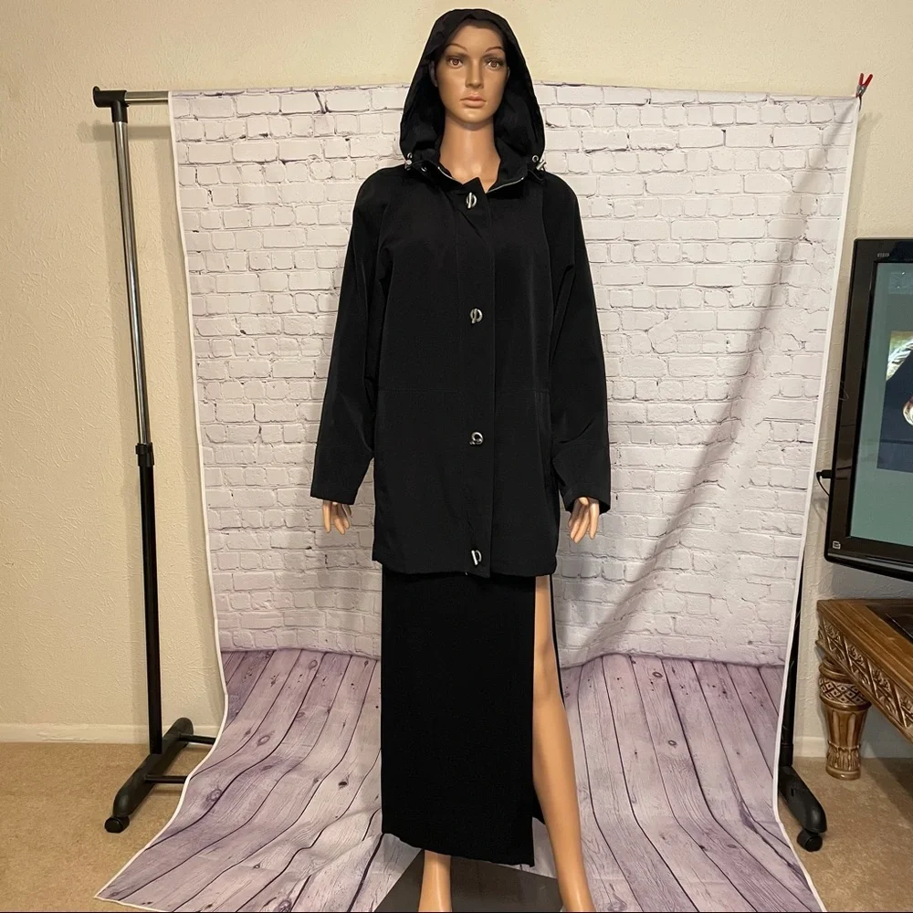Liz Claiborne Black Trench Coat w/Detachable Hood size medium